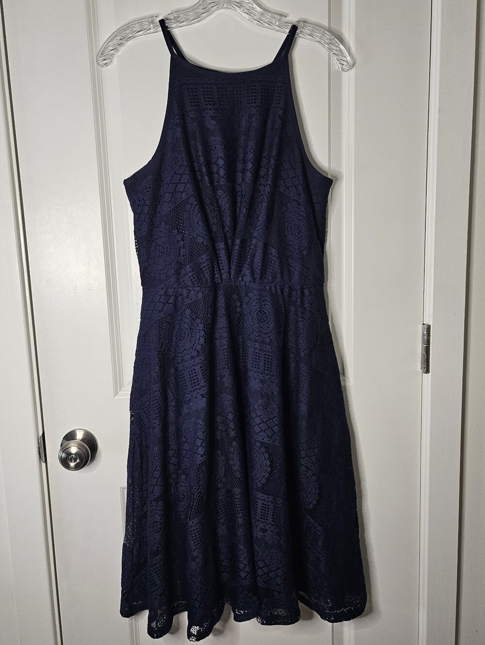 Bailey Blue Women's Large Navy Blue Lace Fit Flare Midi Sleeveless Halter Dress - Picture 4 of 15